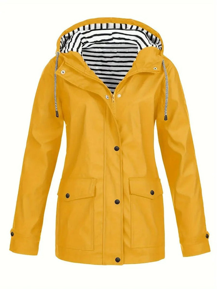 Women Coat Hooded Striped-Lined Zip-Up Polyester Raincoat - Yellow