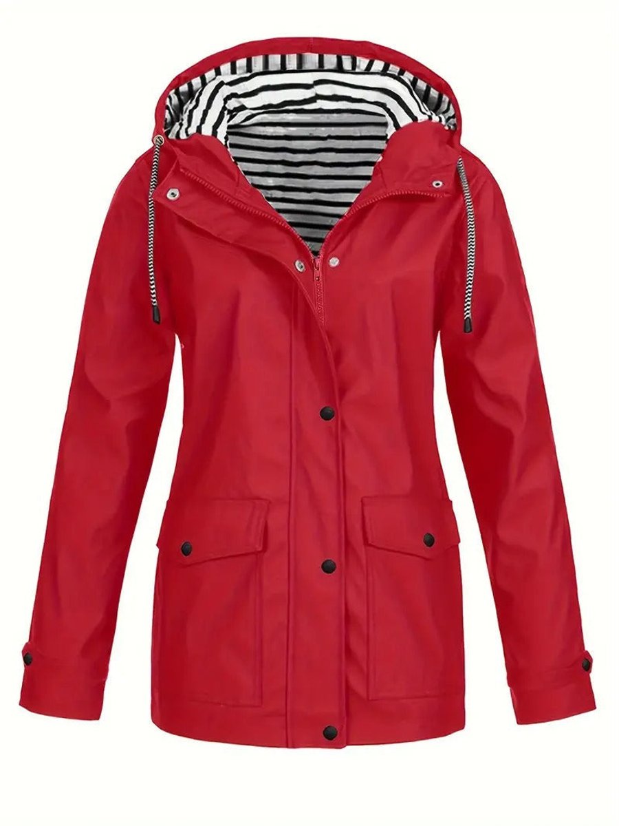 Women Coat Hooded Striped-Lined Zip-Up Polyester Raincoat - Red