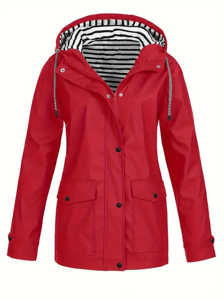 Women Coat Hooded Striped-Lined Zip-Up Polyester Raincoat - Red