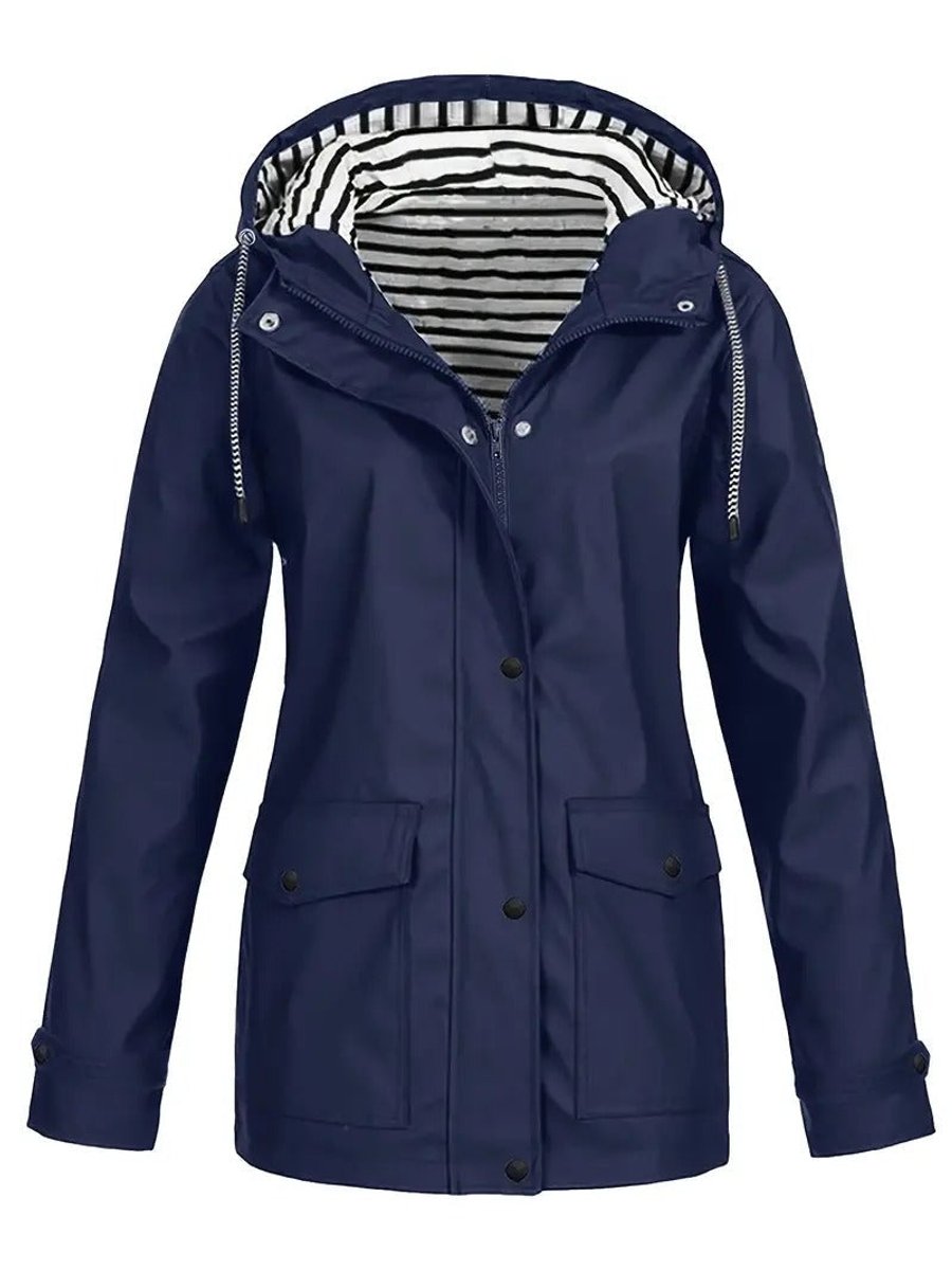 Women Coat Hooded Striped-Lined Zip-Up Polyester Raincoat - Navy Blue