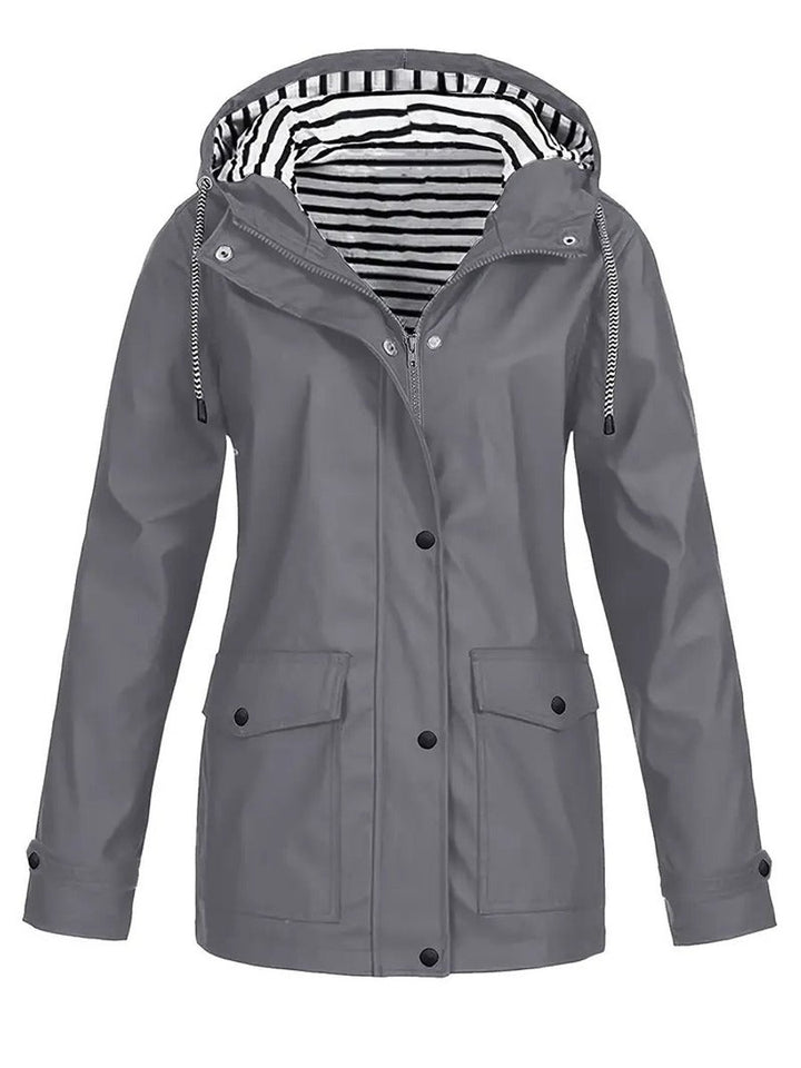 Women Coat Hooded Striped-Lined Zip-Up Polyester Raincoat - Gray