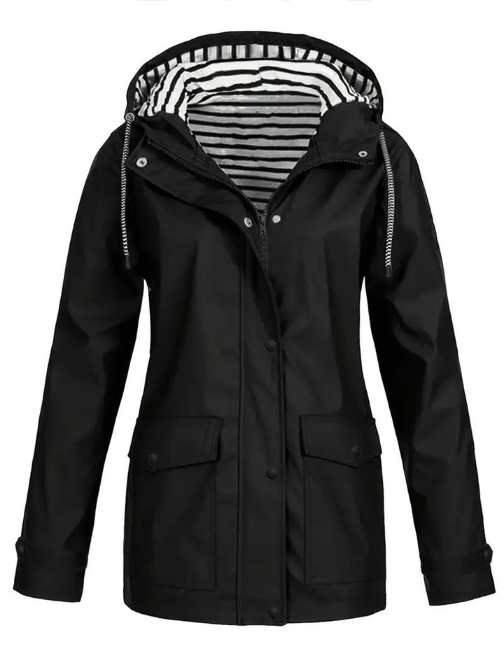 Women Coat Hooded Striped-Lined Zip-Up Polyester Raincoat - Black
