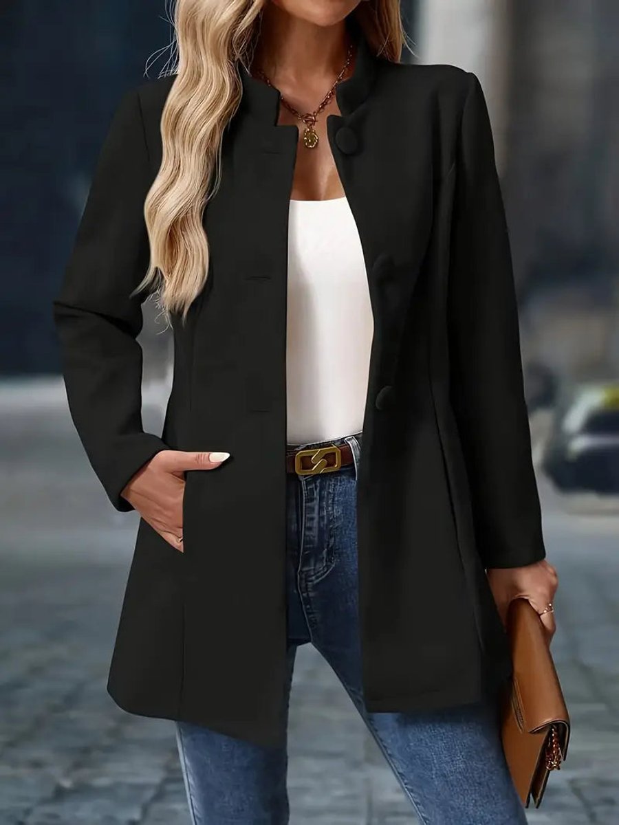 Women Coat Stand Collar Button-Front Blazer Jacket - Black
