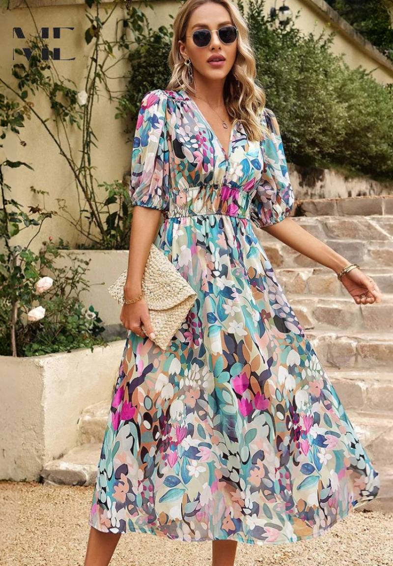 Makayla | Women's Floral V Neck Midi Wedding Guest Dress