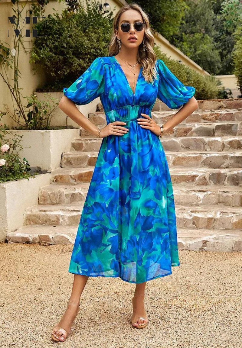 Makayla | Women's Floral V Neck Midi Wedding Guest Dress