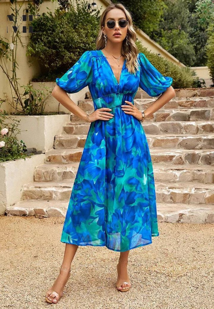 Makayla | Women's Floral V Neck Midi Wedding Guest Dress