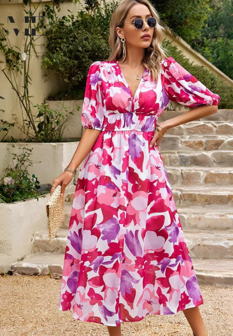 Makayla | Women's Floral V Neck Midi Wedding Guest Dress