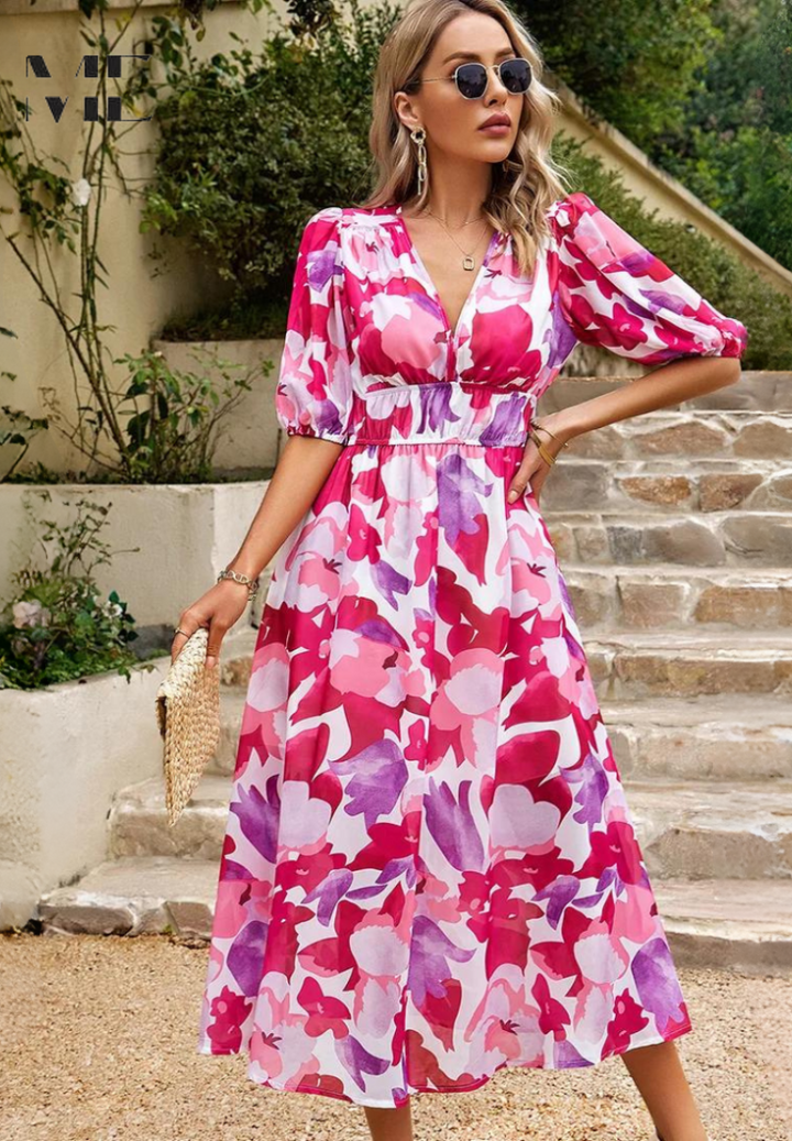 Makayla | Women's Floral V Neck Midi Wedding Guest Dress