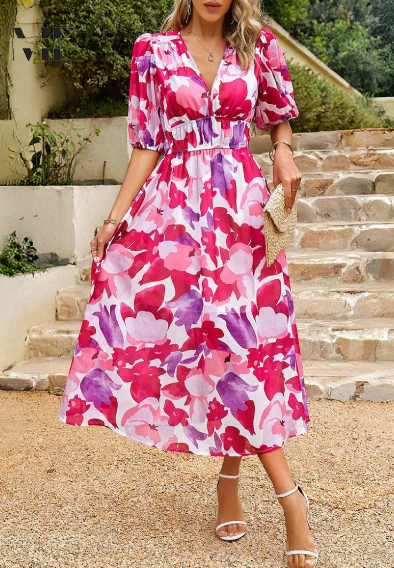 Makayla | Women's Floral V Neck Midi Wedding Guest Dress