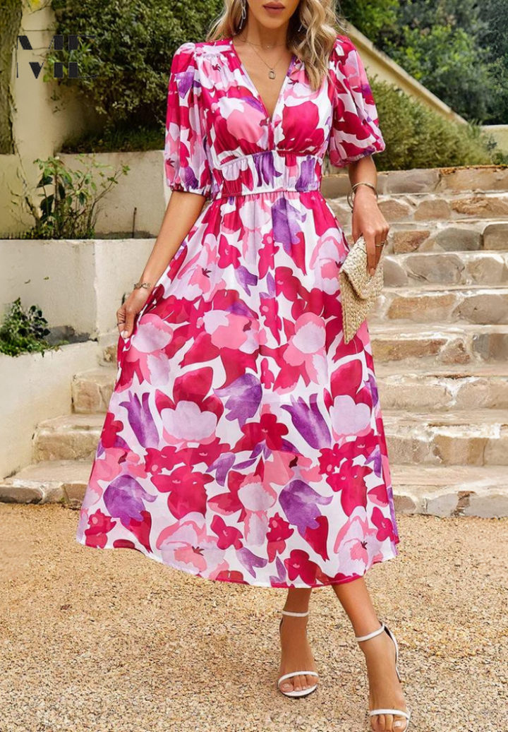Makayla | Women's Floral V Neck Midi Wedding Guest Dress