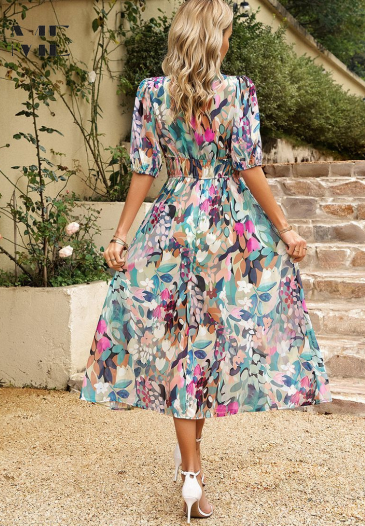 Makayla | Women's Floral V Neck Midi Wedding Guest Dress