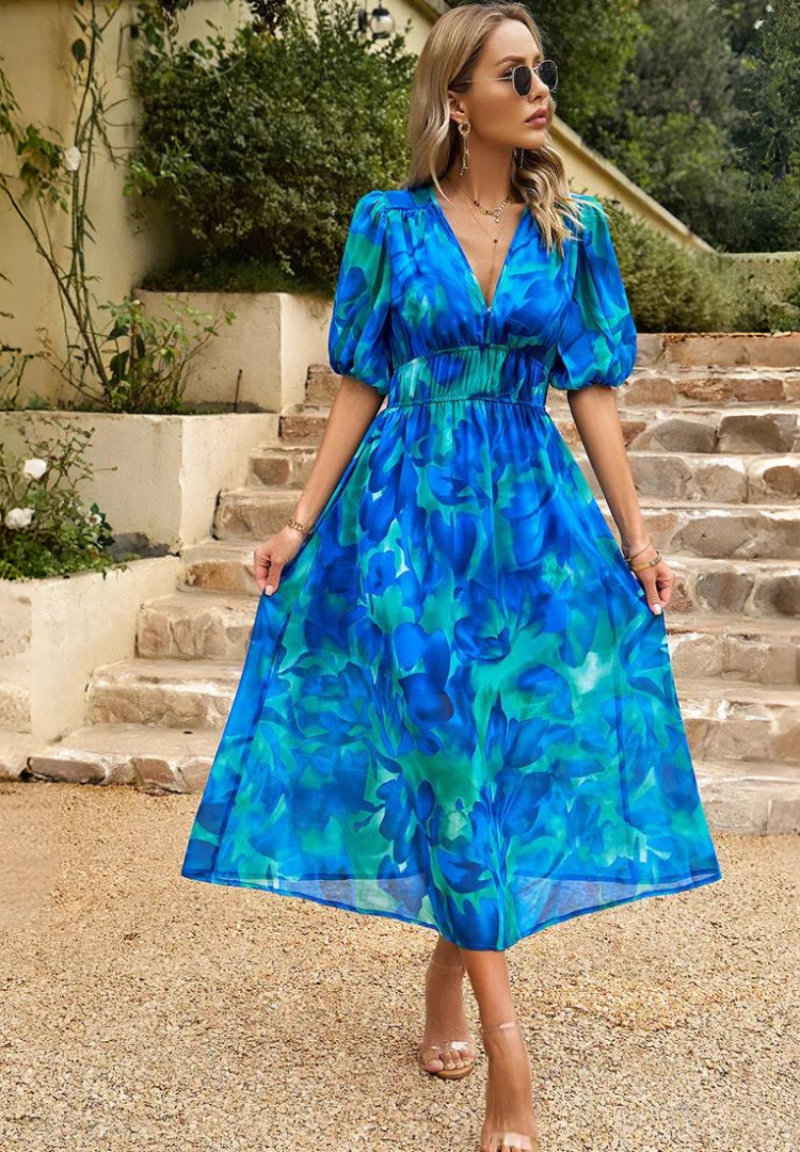 Makayla | Women's Floral V Neck Midi Wedding Guest Dress