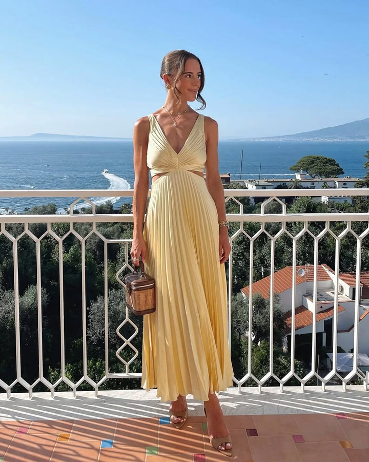 Lauren | Women's Pleated Cutout Waist Midi Wedding Guest Dress