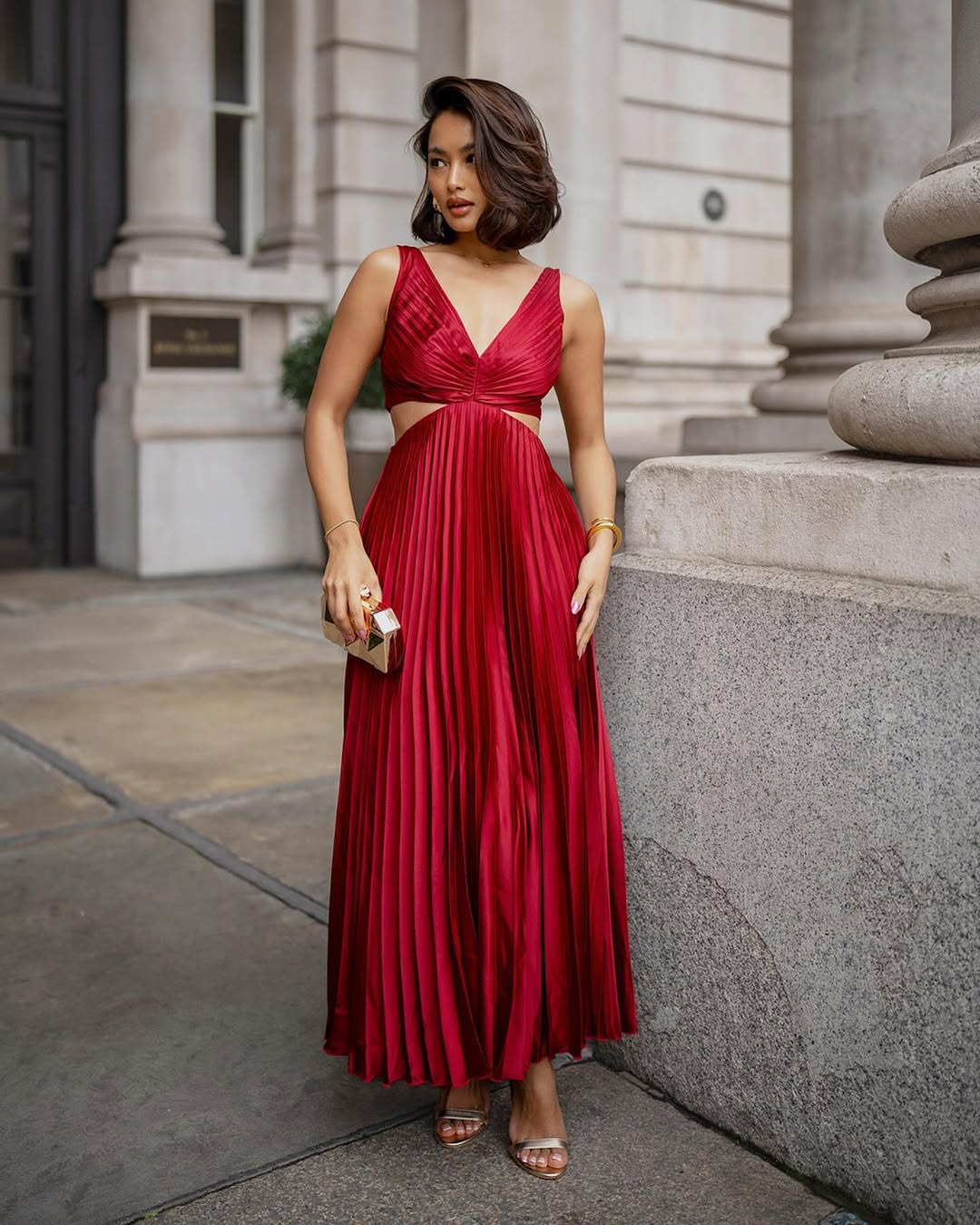 Lauren | Women's Pleated Cutout Waist Midi Wedding Guest Dress