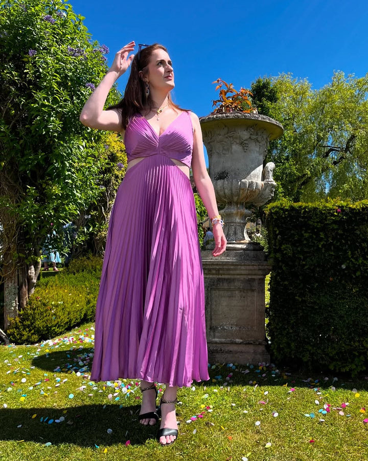 Lauren | Women's Pleated Cutout Waist Midi Wedding Guest Dress