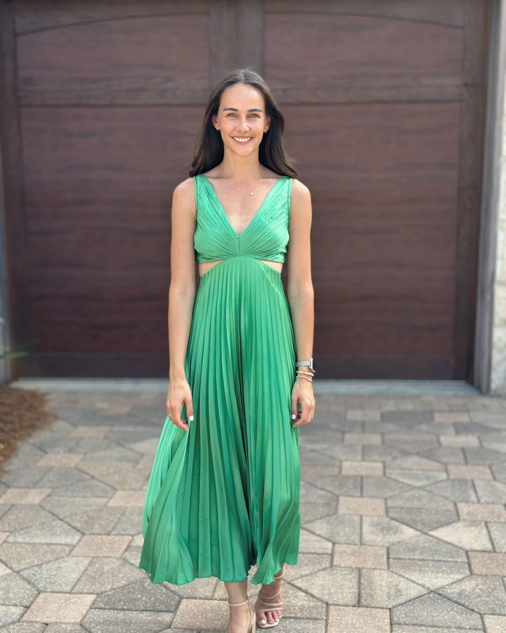 Lauren | Women's Pleated Cutout Waist Midi Wedding Guest Dress