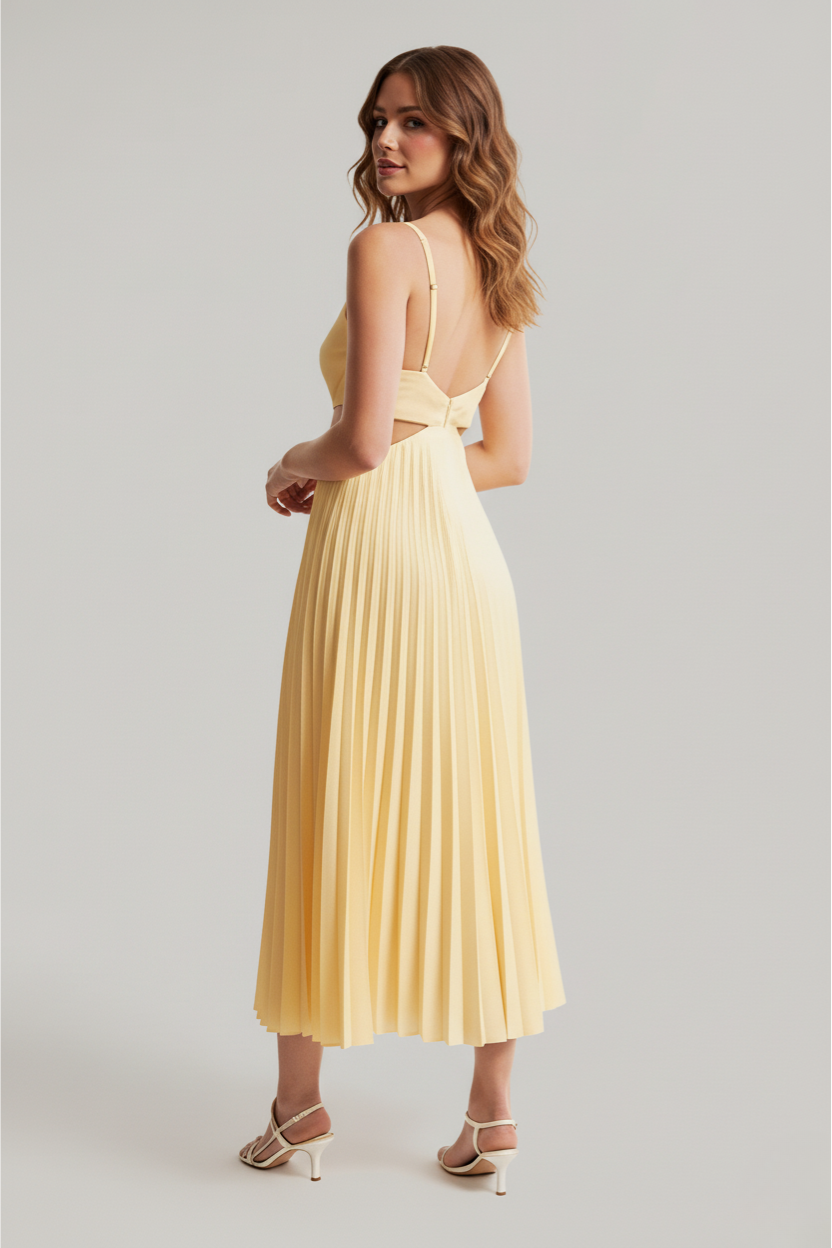 Lauren | Women's Pleated Cutout Waist Midi Wedding Guest Dress