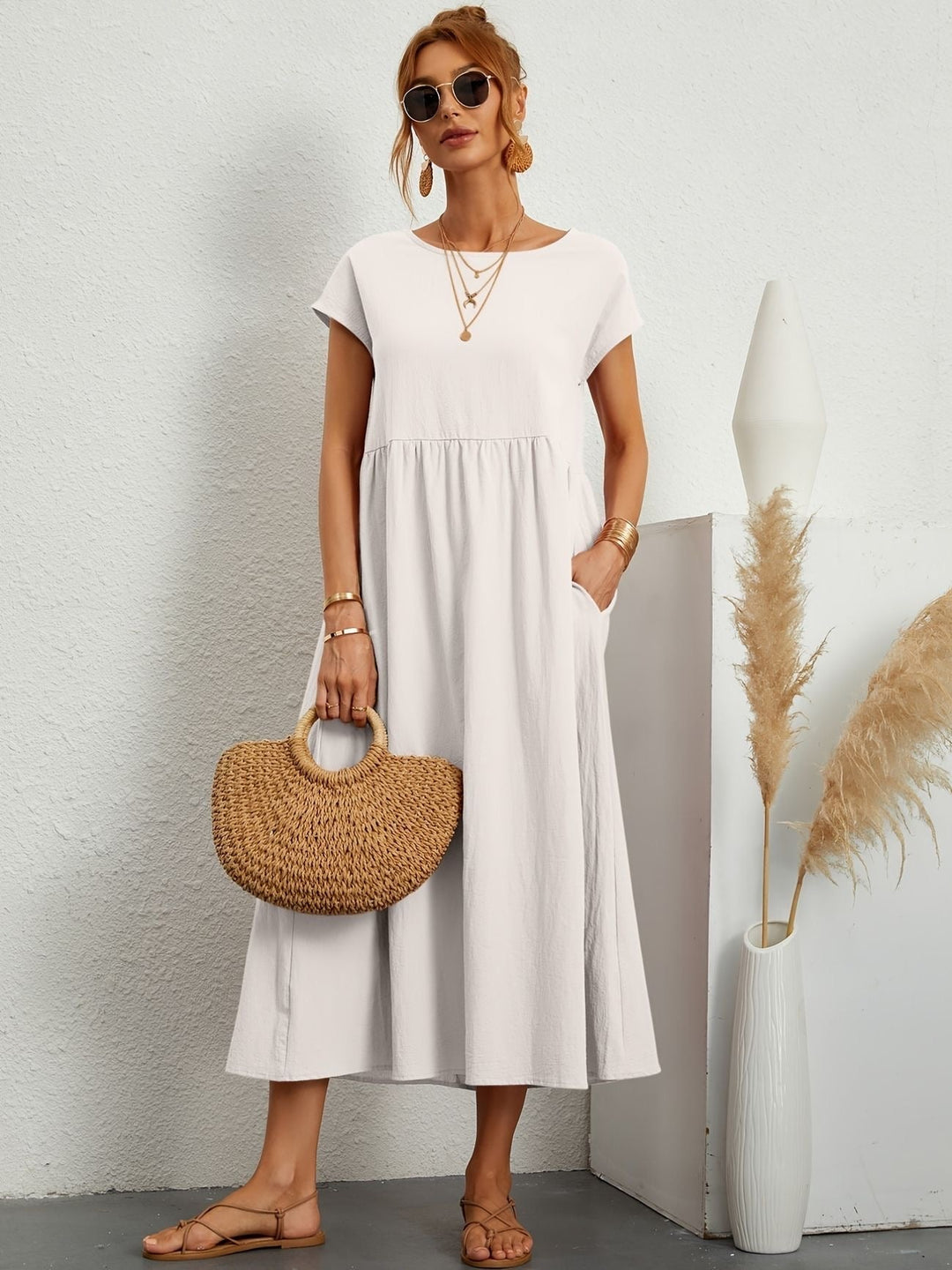 Kaitlyn | Women's Short Sleeve Loose Midi Pocket Dress