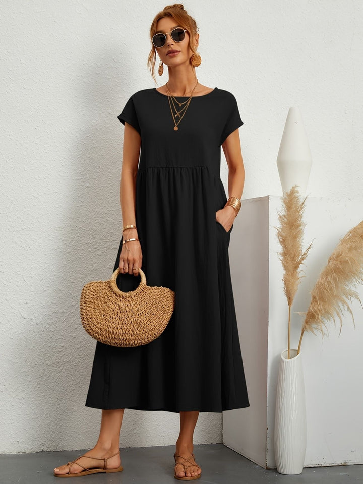 Kaitlyn | Women's Short Sleeve Loose Midi Pocket Dress