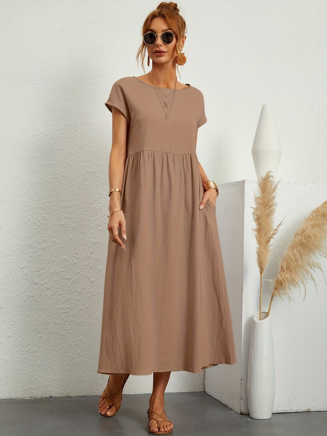 Kaitlyn | Women's Short Sleeve Loose Midi Pocket Dress