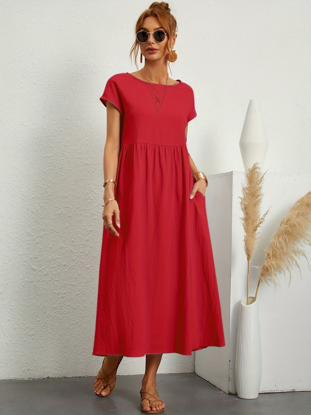 Kaitlyn | Women's Short Sleeve Loose Midi Pocket Dress