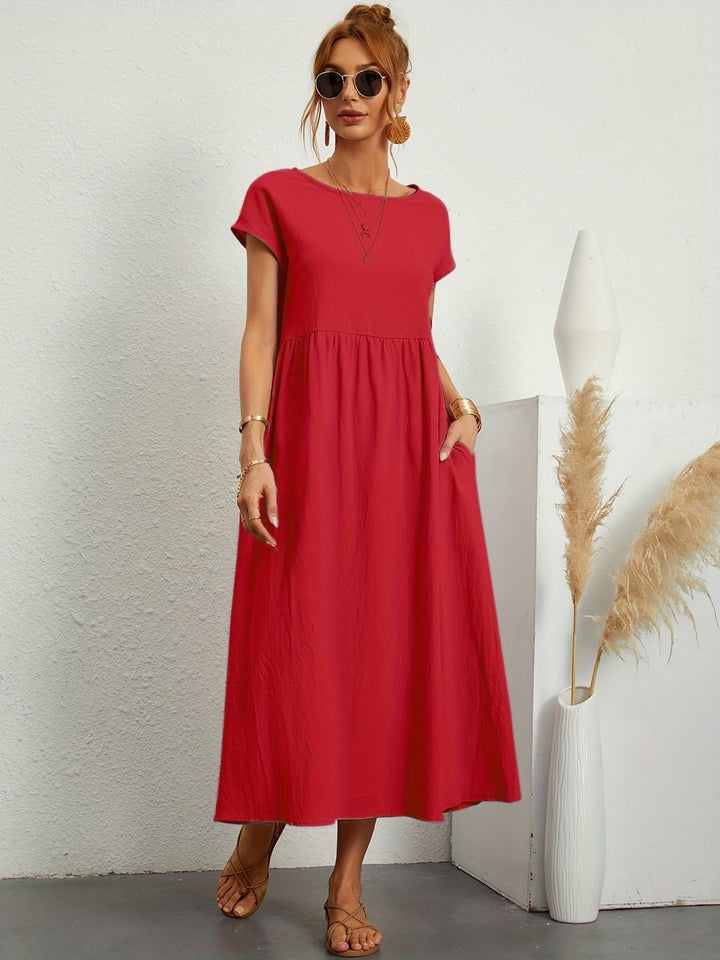 Kaitlyn | Women's Short Sleeve Loose Midi Pocket Dress