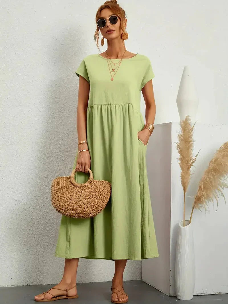 Kaitlyn | Women's Short Sleeve Loose Midi Pocket Dress