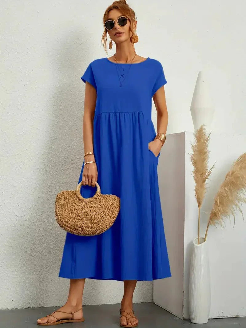 Kaitlyn | Women's Short Sleeve Loose Midi Pocket Dress