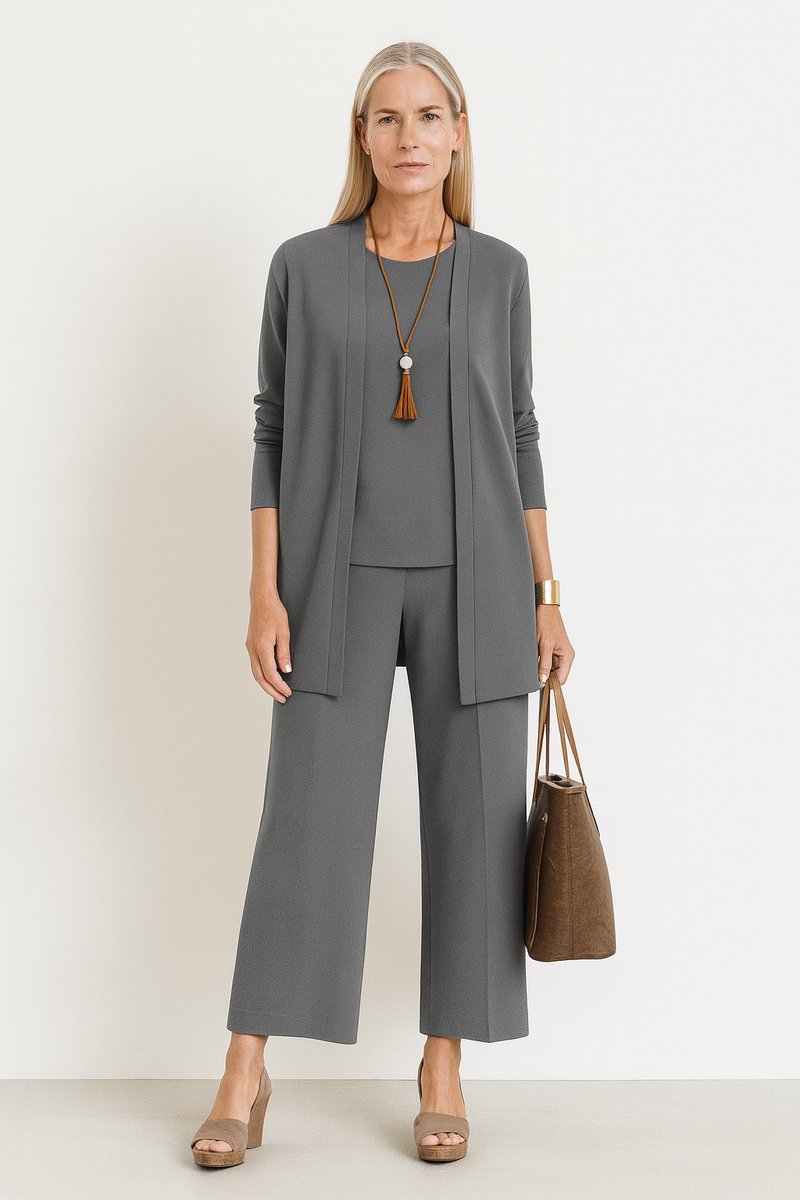 Women's 3-Piece Open-Front Longline Cardigan Wide-Leg Pants Set - Gray