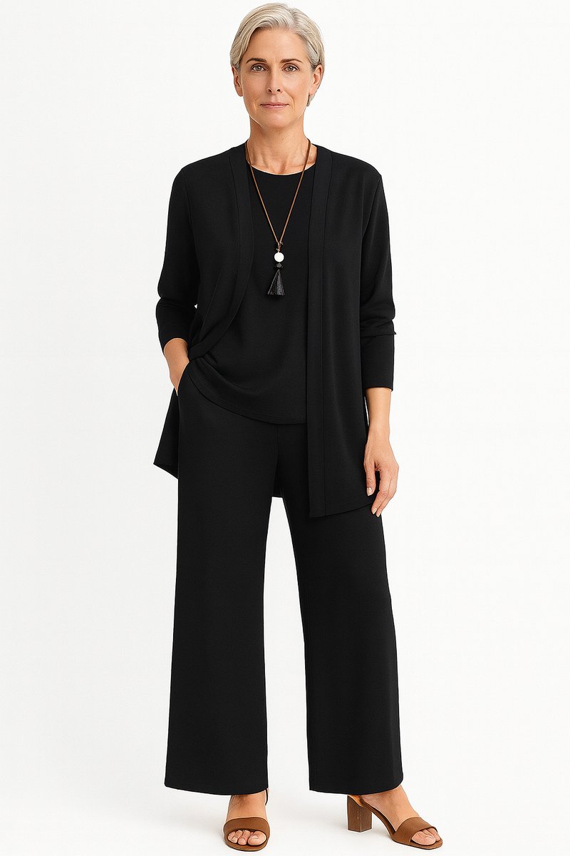 Women's 3-Piece Open-Front Longline Cardigan Wide-Leg Pants Set - Black