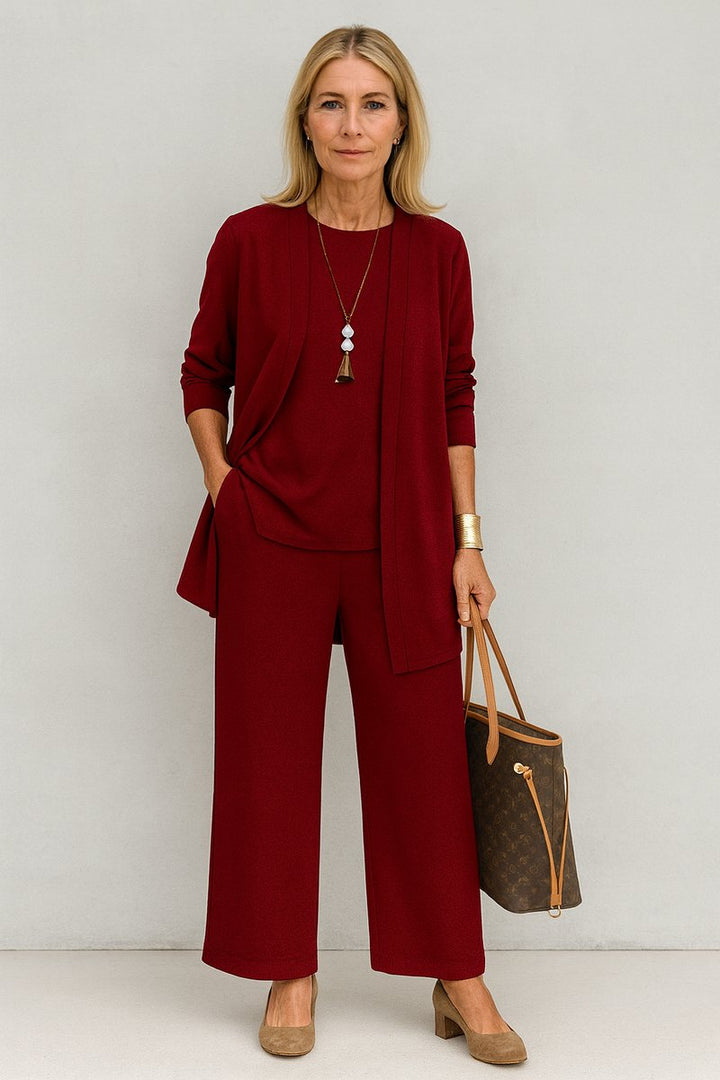 Women's 3-Piece Open-Front Longline Cardigan Wide-Leg Pants Set - Red