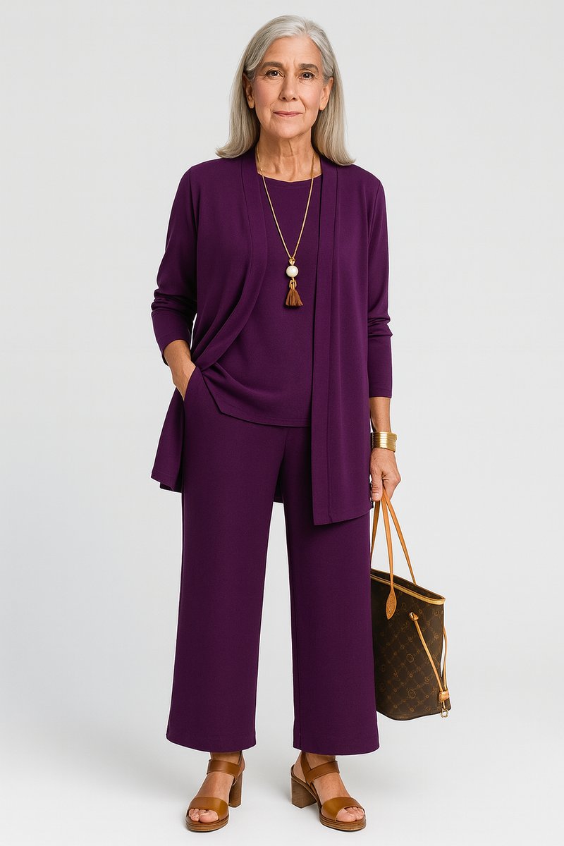 Women's 3-Piece Open-Front Longline Cardigan Wide-Leg Pants Set - Purple
