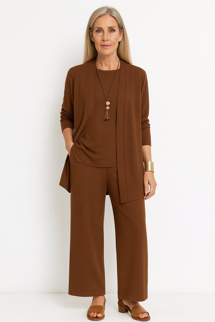 Women's 3-Piece Open-Front Longline Cardigan Wide-Leg Pants Set - Brown