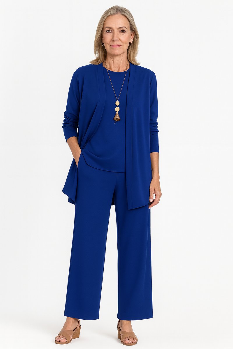 Women's 3-Piece Open-Front Longline Cardigan Wide-Leg Pants Set - Blue
