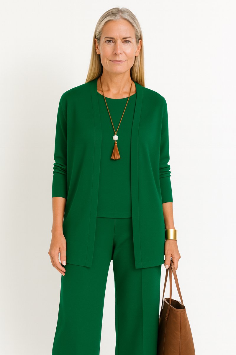 Women's 3-Piece Open-Front Longline Cardigan Wide-Leg Pants Set - Green