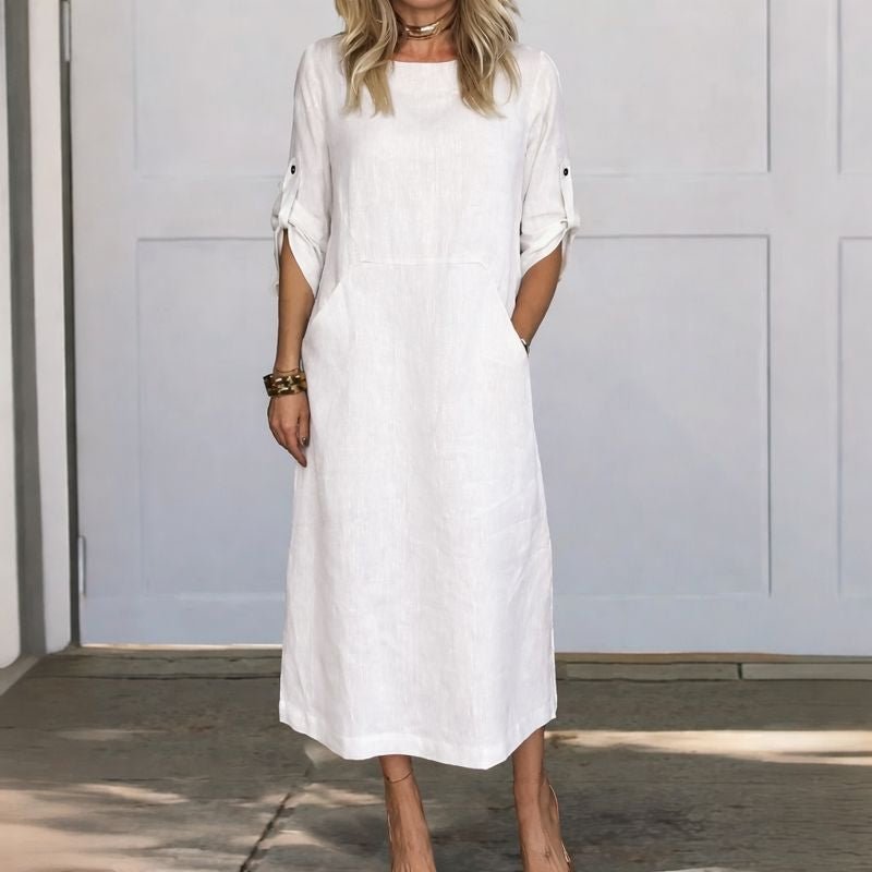 Women's A-Line Maxi Dress Loose Fit Draped Midi - White
