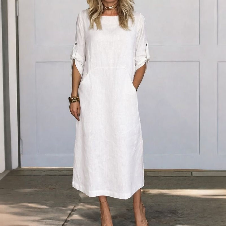Women's A-Line Maxi Dress Loose Fit Draped Midi - White