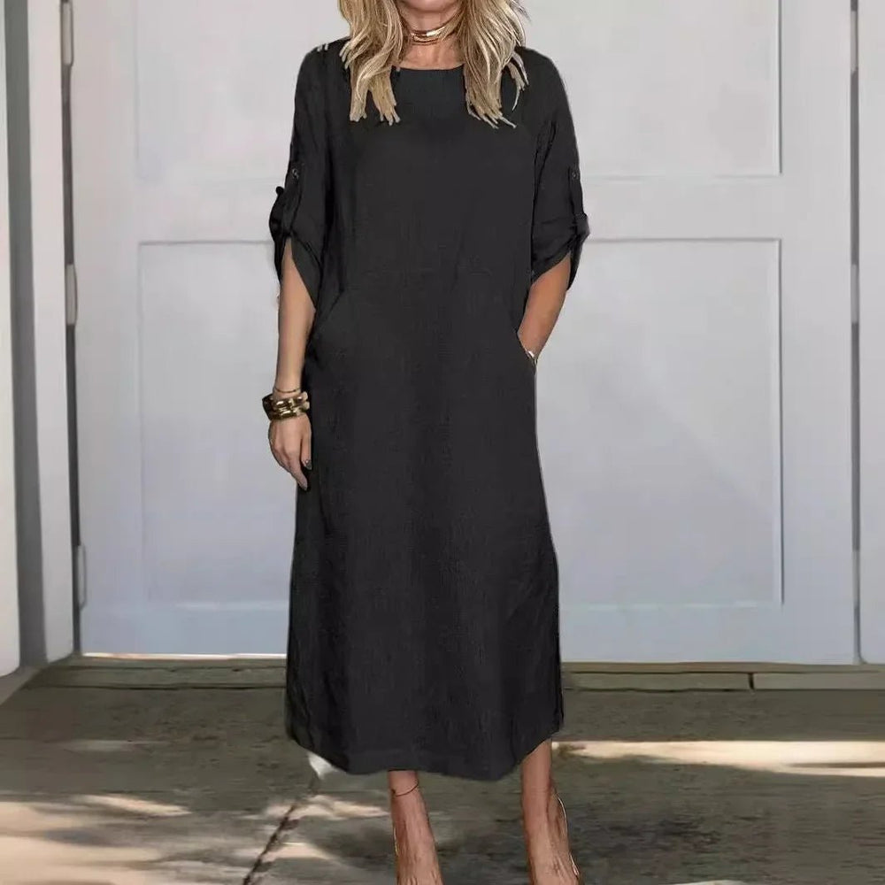 Women's A-Line Maxi Dress Loose Fit Draped Midi - Black