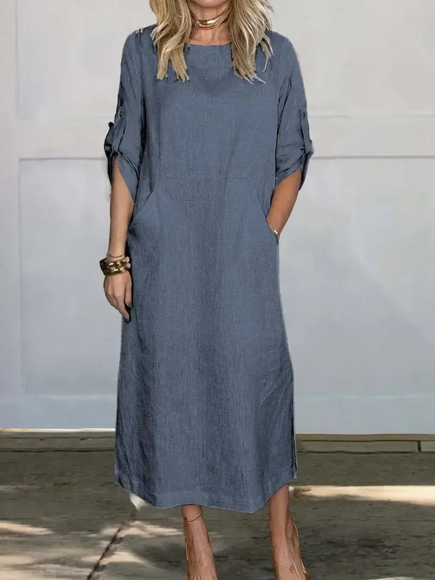 Women's A-Line Maxi Dress Loose Fit Draped Midi - Blue