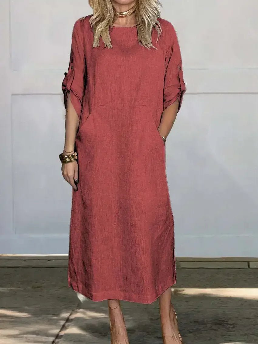 Women's A-Line Maxi Dress Loose Fit Draped Midi - Red