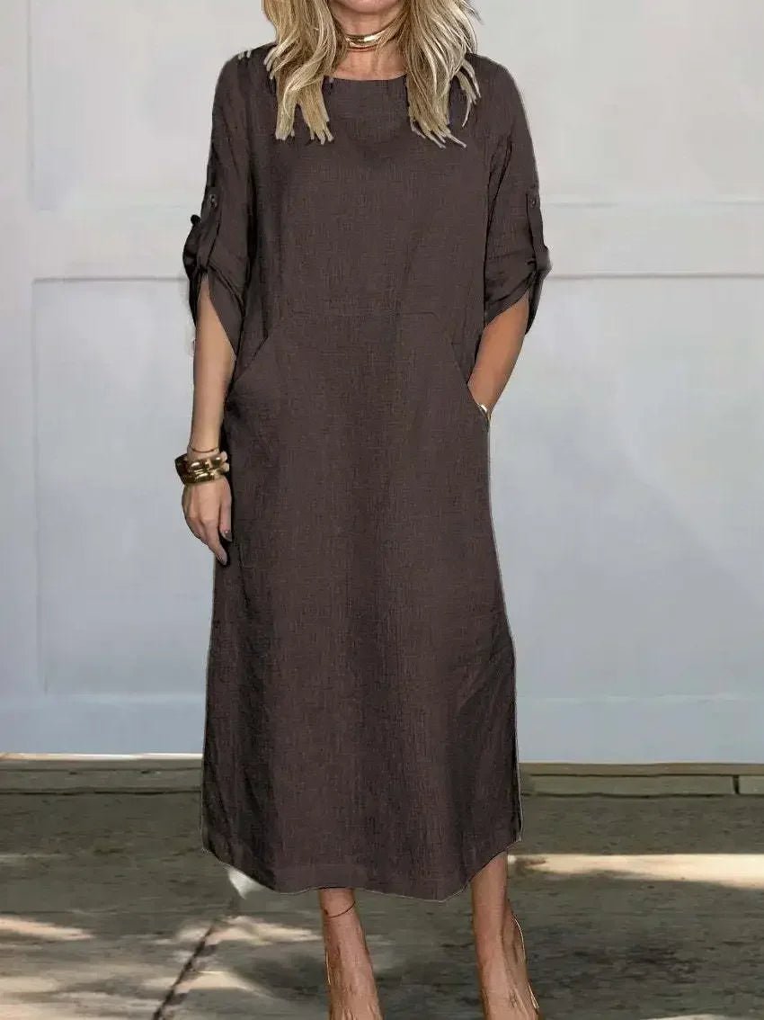 Women's A-Line Maxi Dress Loose Fit Draped Midi - Coffee
