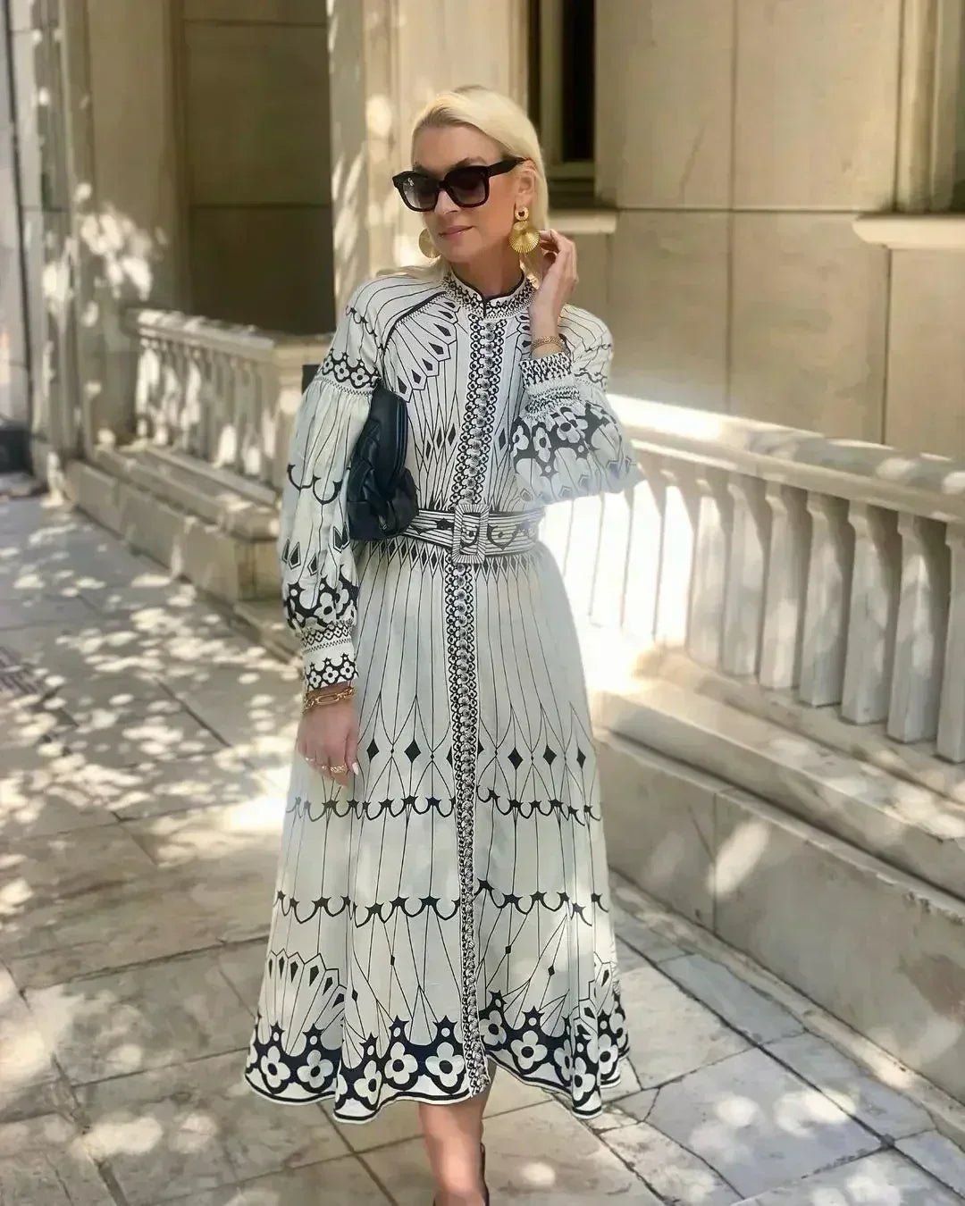Women's A-Line Midi Dress Long Sleeve Printed Tummy Control - Beige