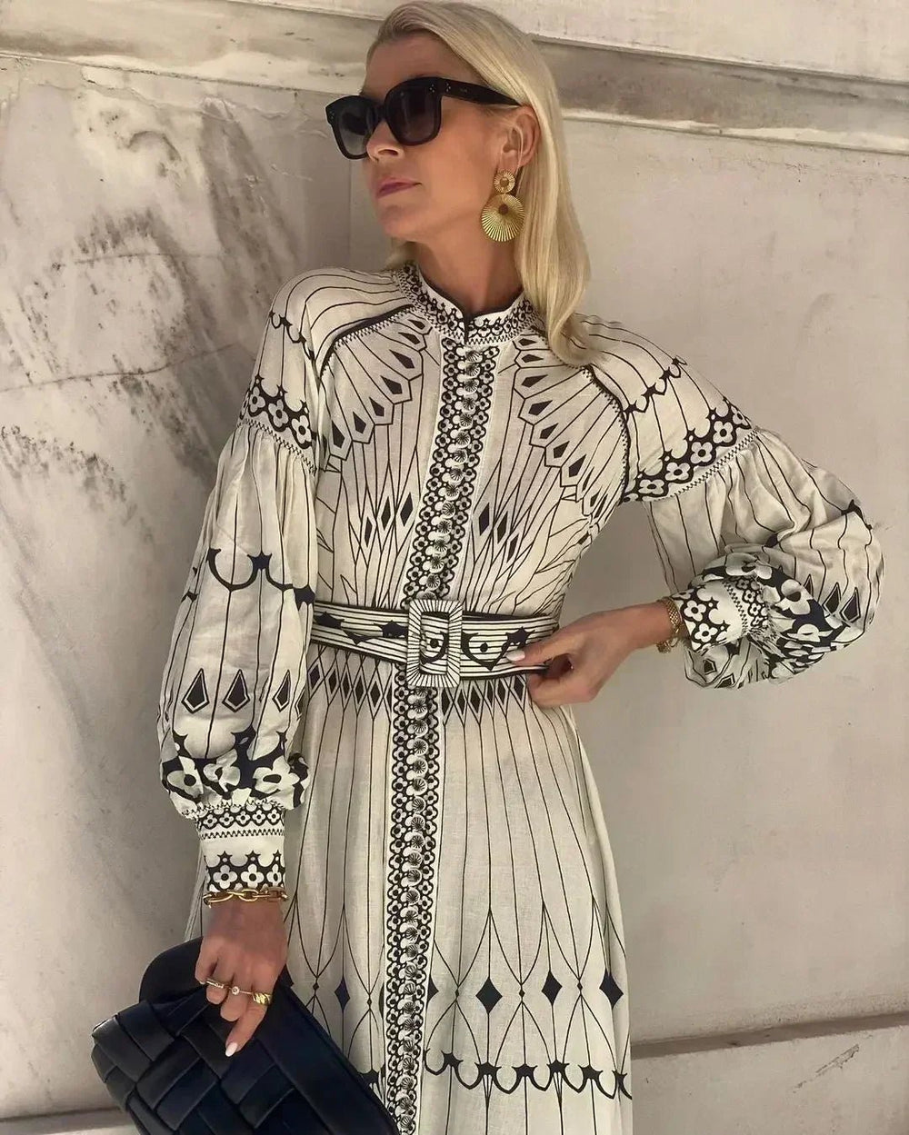 Women's A-Line Midi Dress Long Sleeve Printed Tummy Control