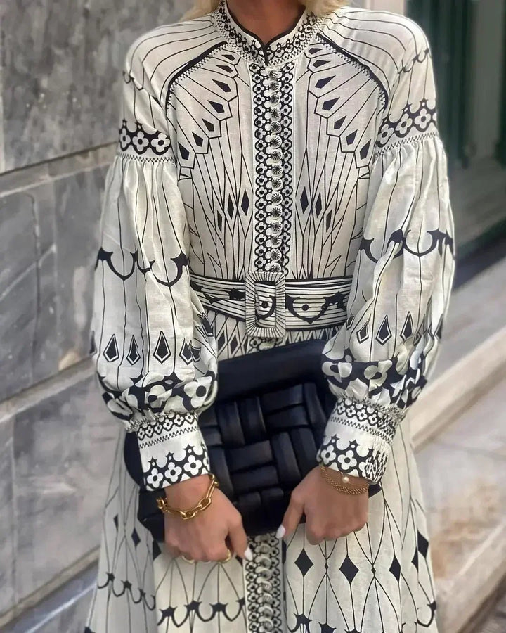 Women's A-Line Midi Dress Long Sleeve Printed Tummy Control