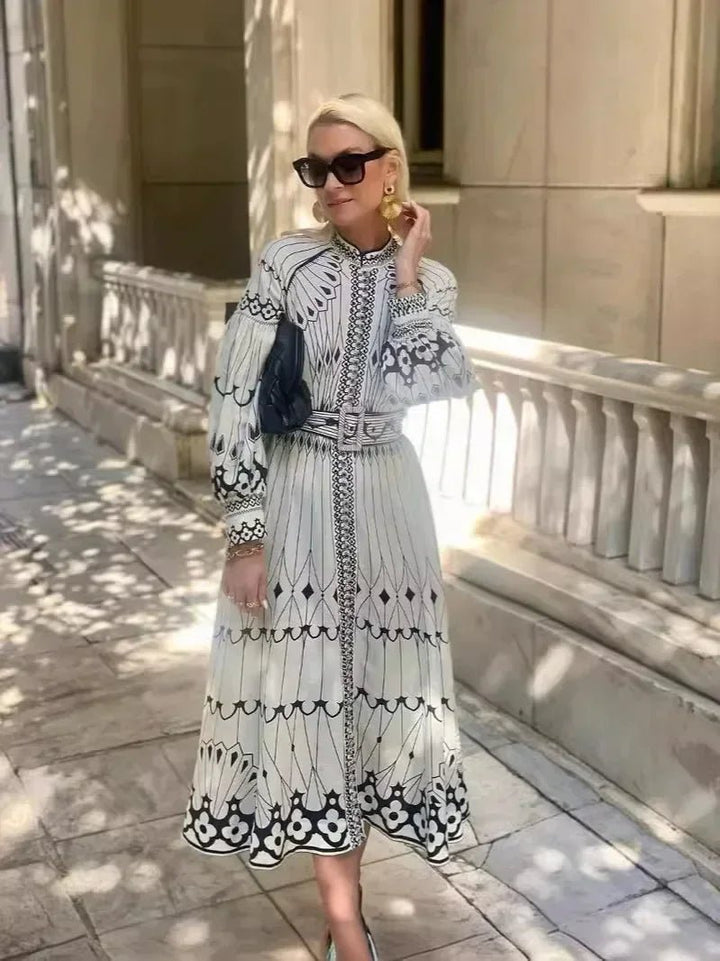 Women's A-Line Midi Dress Long Sleeve Printed Tummy Control
