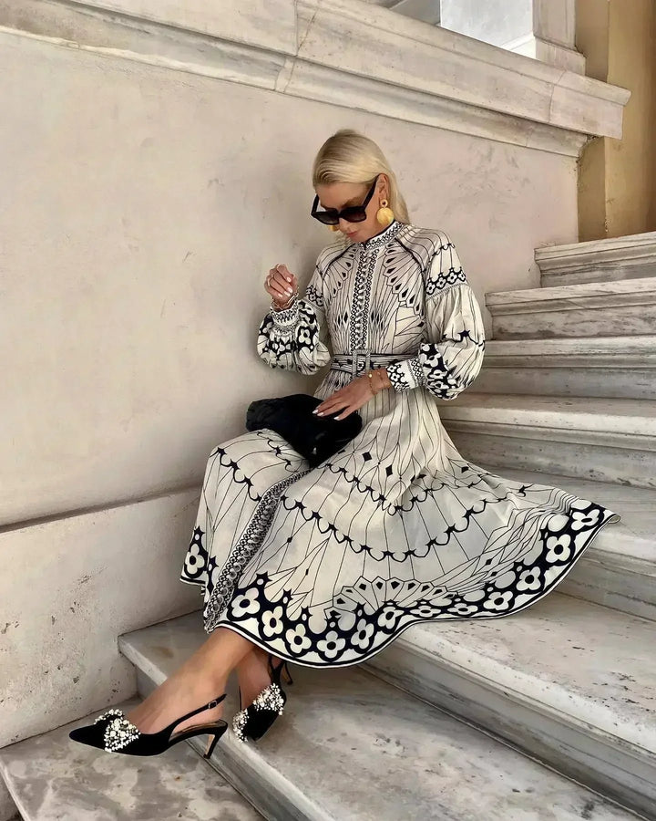 Women's A-Line Midi Dress Long Sleeve Printed Tummy Control