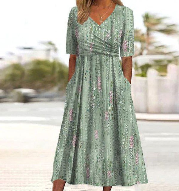 Women's A-Line Midi Dress V-Neck Floral Print Short Sleeve - Green