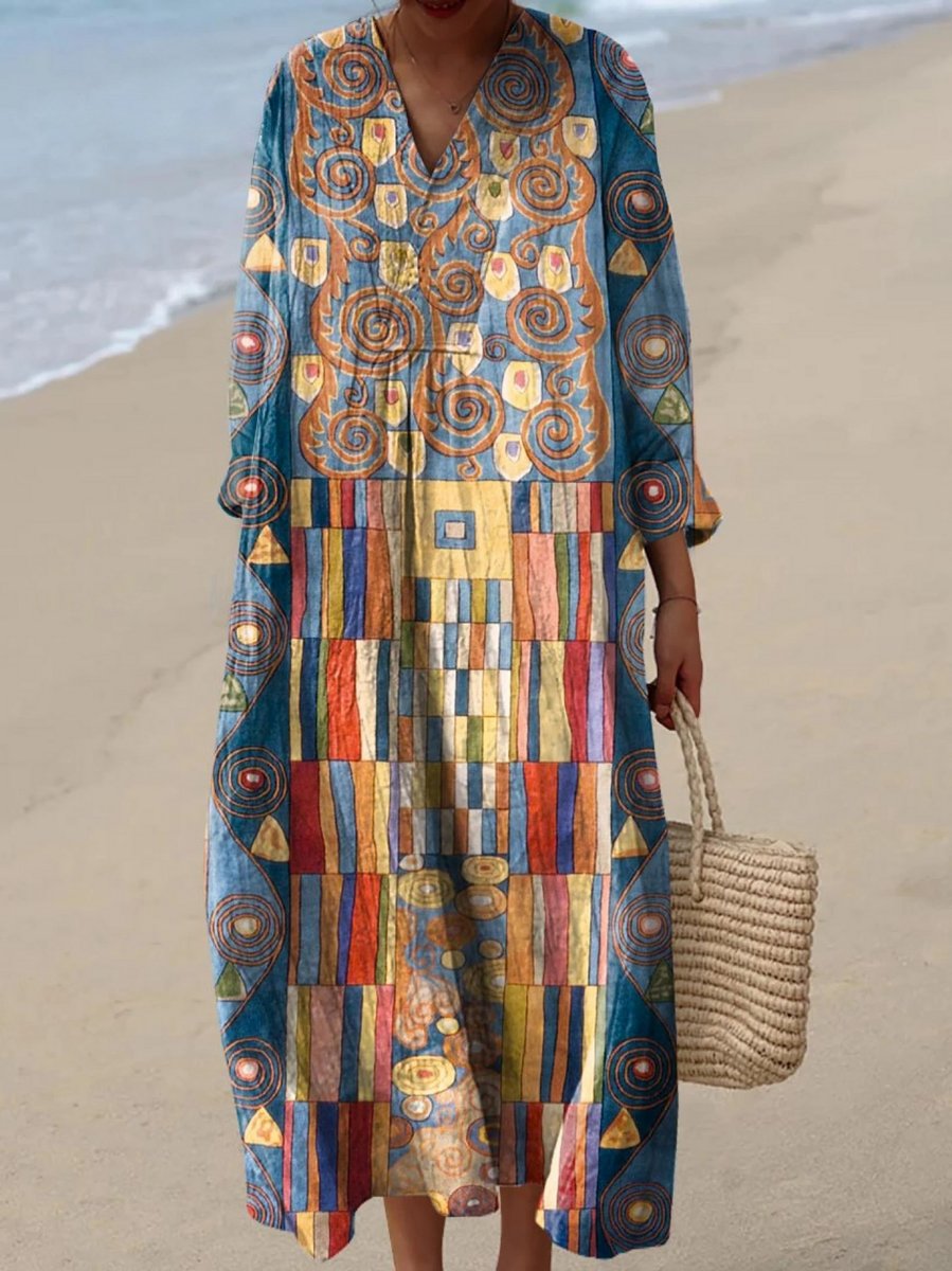 Women's Abstract Geometric Print Oversized Dress V-Neck Maxi - Multicolor