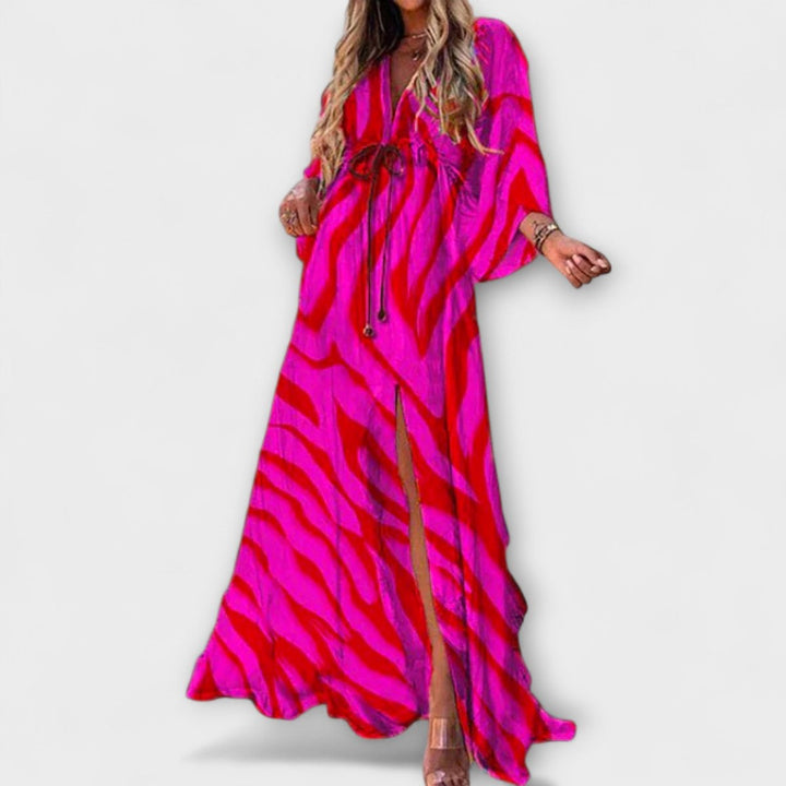 Women's Abstract Print V-Neck Drawstring Flowy Maxi Dress - Pink/Red