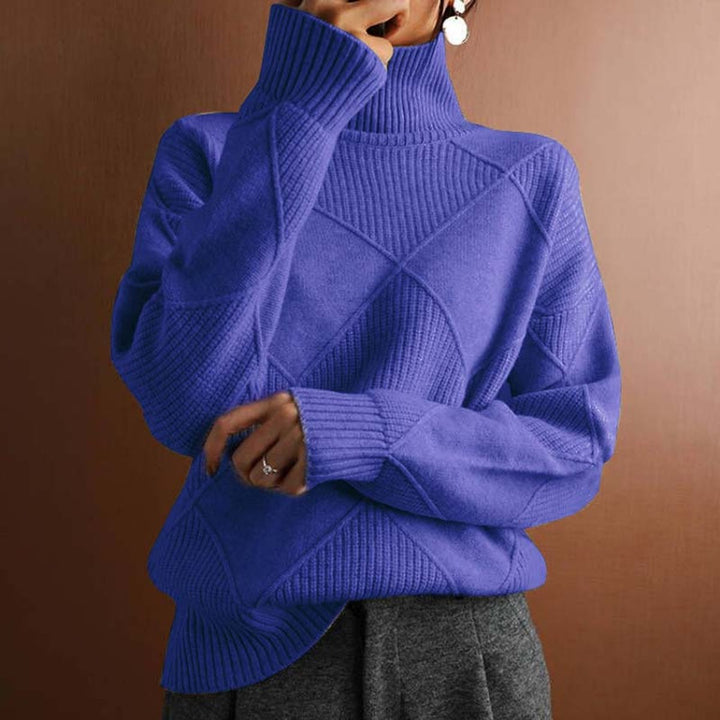 Women's Argyle Knit Turtleneck Sweater Relaxed Pullover - Blue